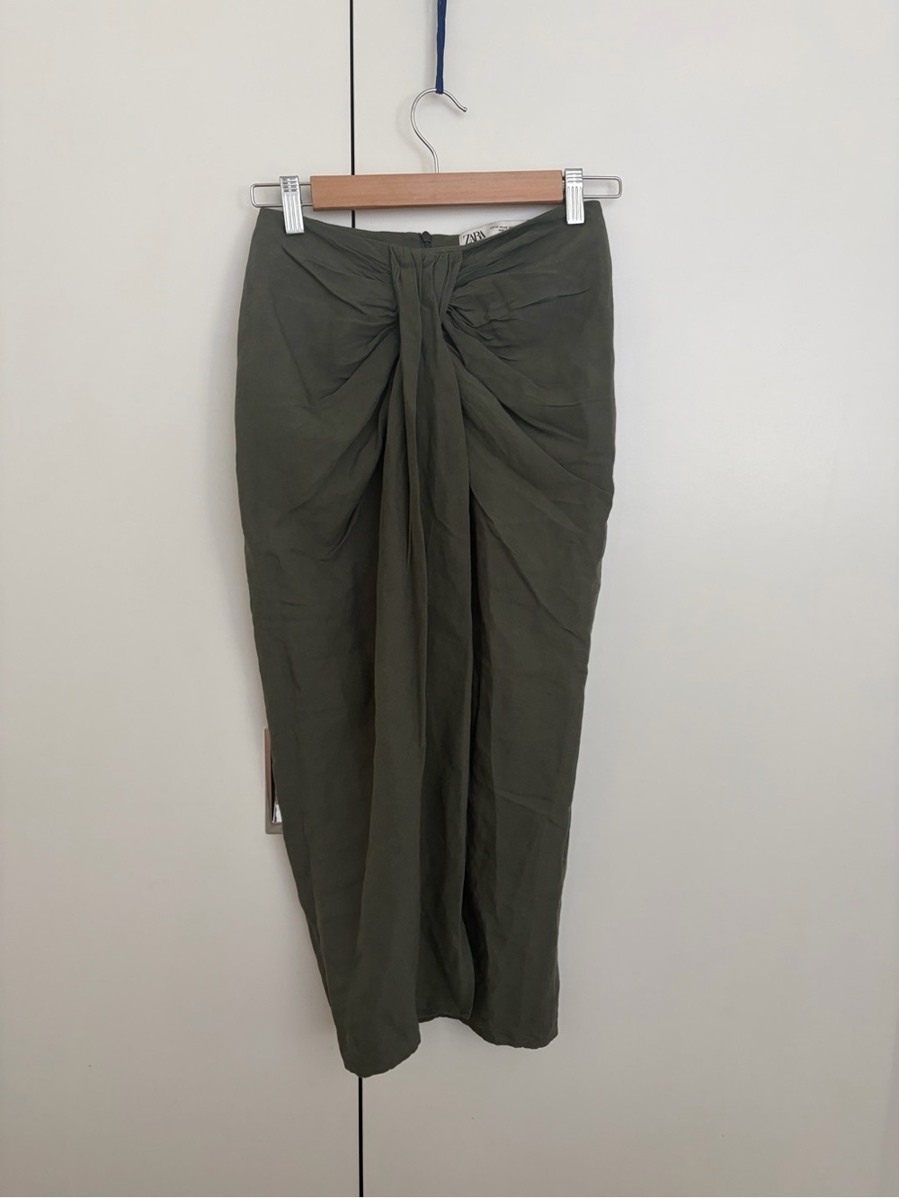 Zara Khaki Green Linen Blend Midi Skirt Front Slit Knot